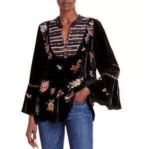 Johnny Was Brown Sisilia Embroidered Floral Velvet Peasant Blouse Top Size Small
